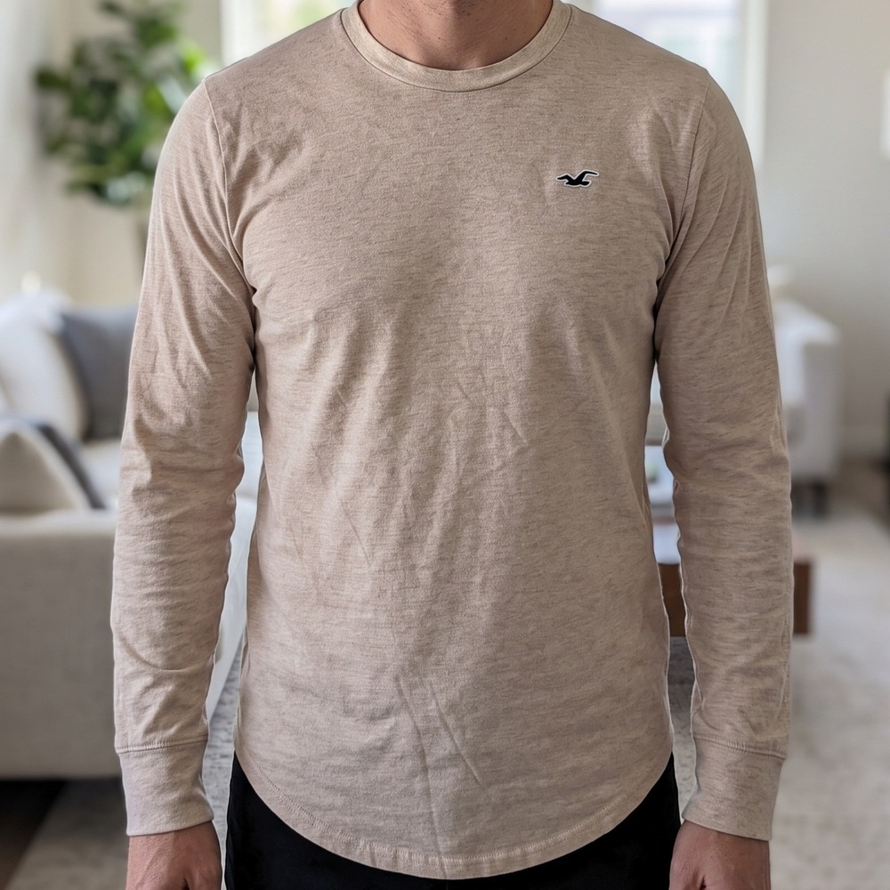 Hollister California Mens Curved Hem Long Sleeve Tee Oatmeal Heather Cotton XS